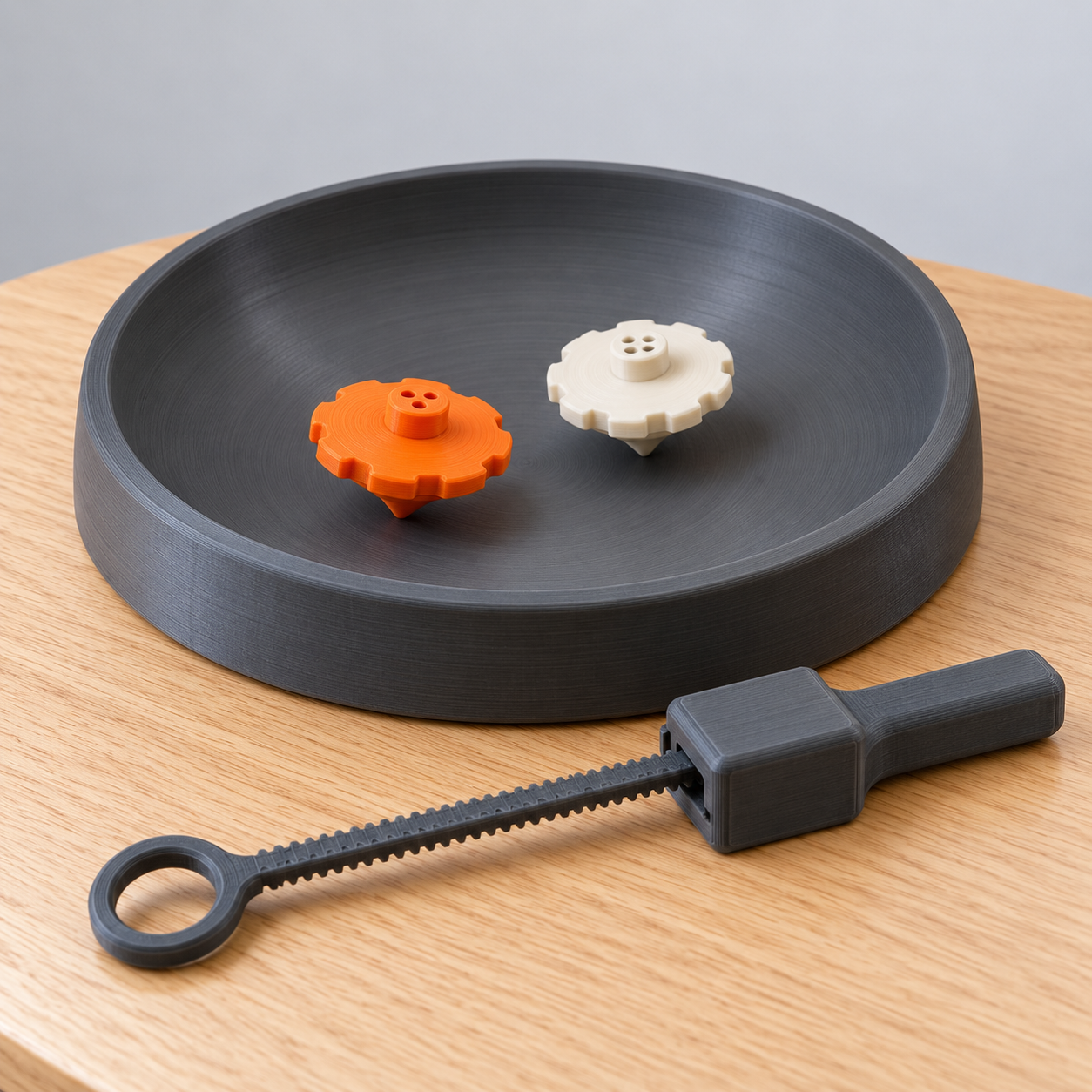 Dish Duel — Rack-Launch Spinning Top Pair with Arena