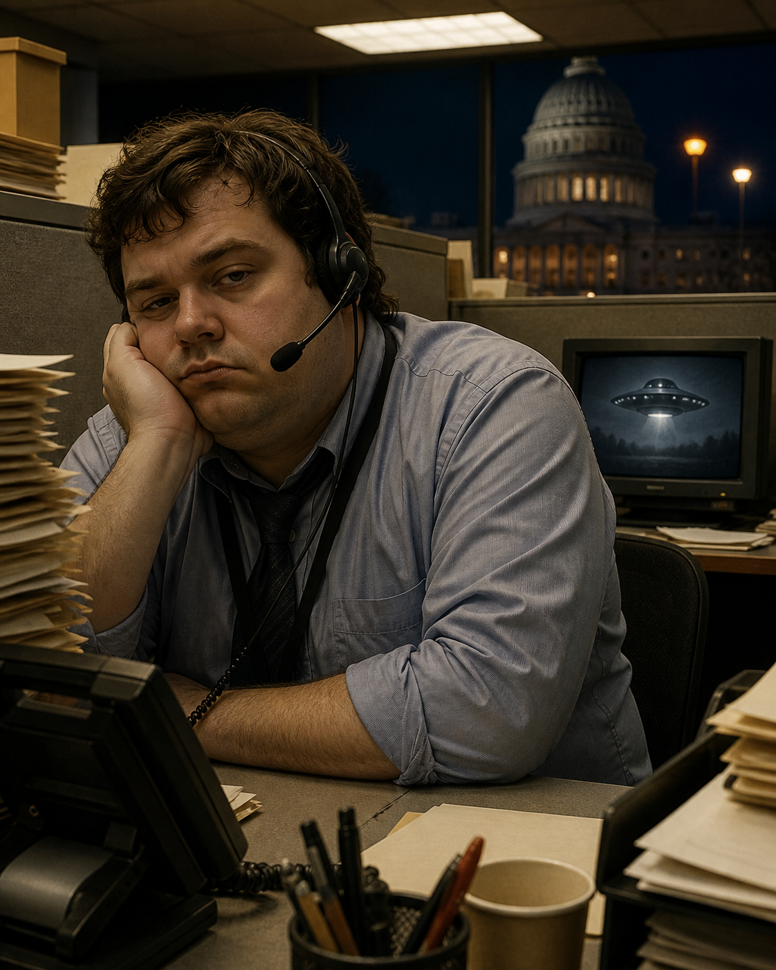 Inside a cramped federal call center, a bored staffer wears a headset while a small screen behind them shows a dim, distant alien craft waiting on a video call