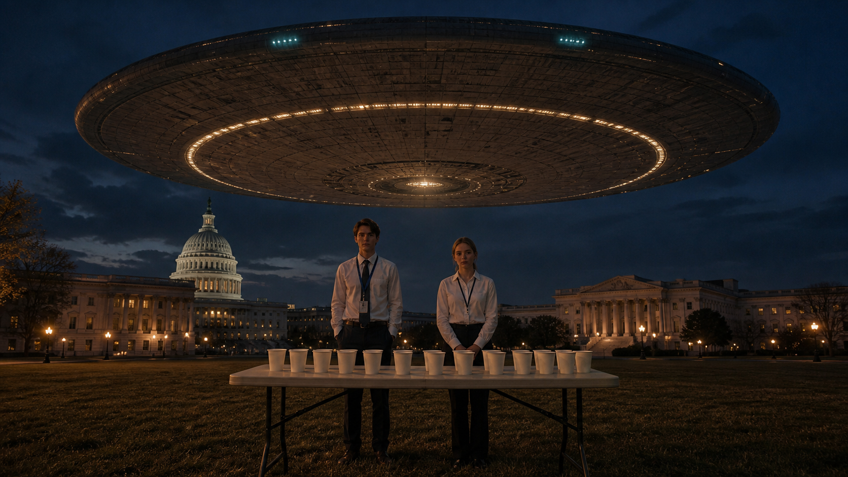 A folding table with lukewarm coffee and laminated flyers sits on the National Mall at dusk beneath the hovering craft, two government interns staffing it
