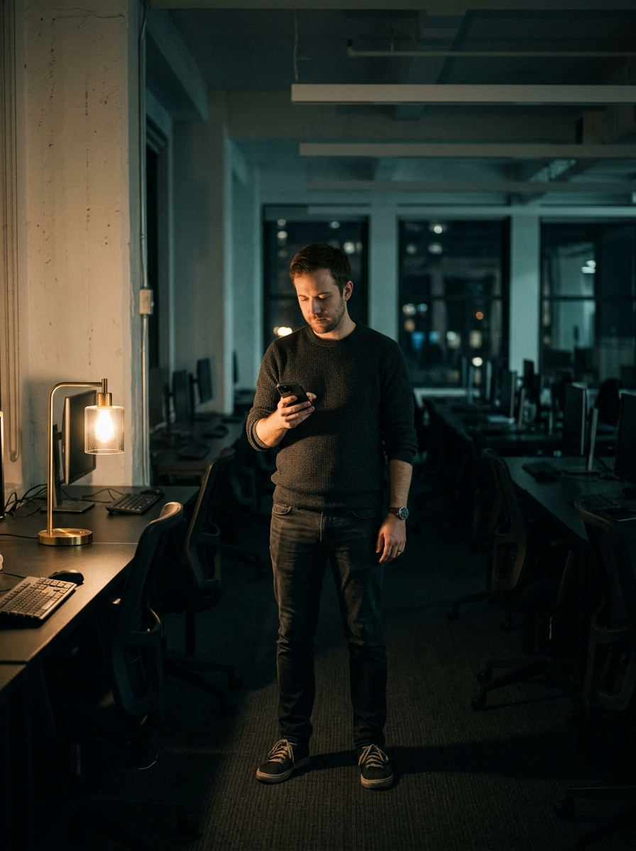 A man in a dim, empty office at night hovers his thumb over a phone screen without pressing it