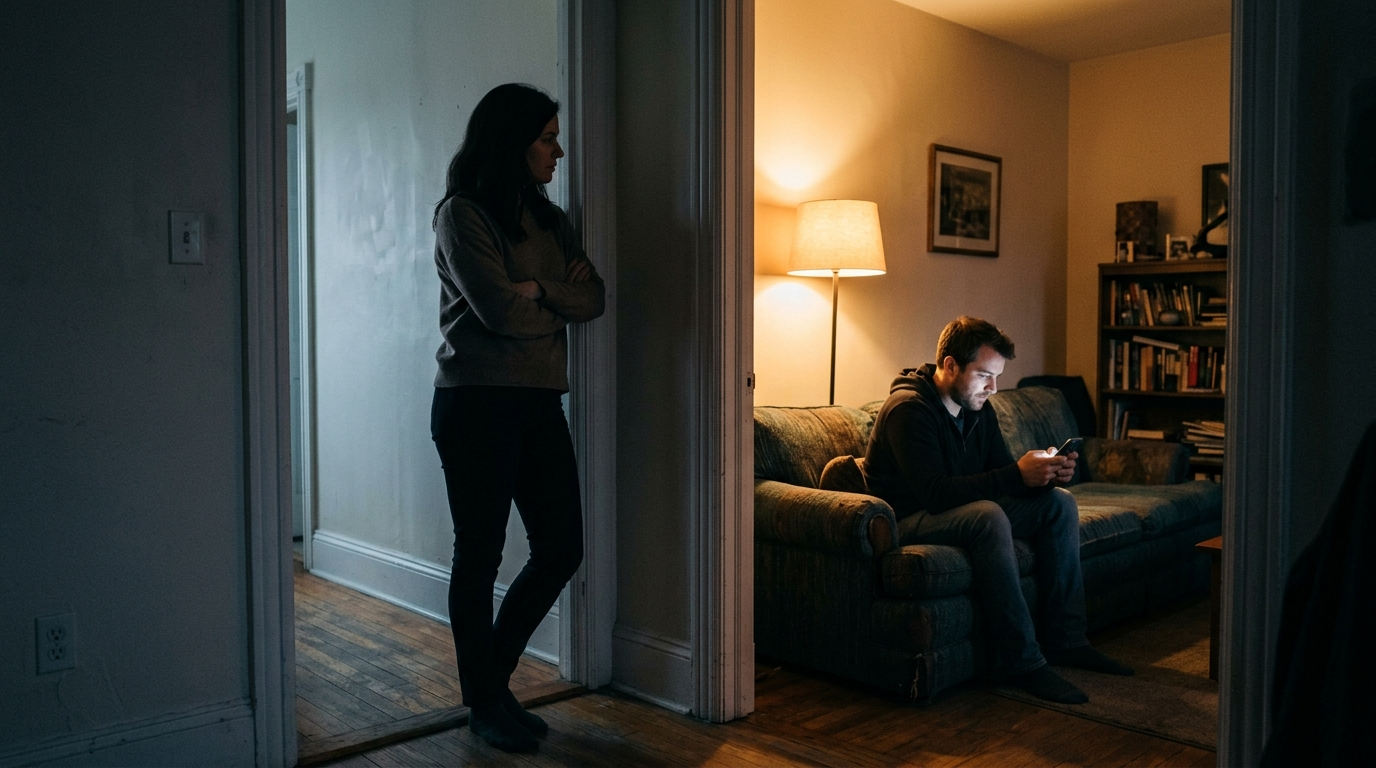 A woman stands in a hallway doorway at dusk, watching a man on a couch absorbed in his phone