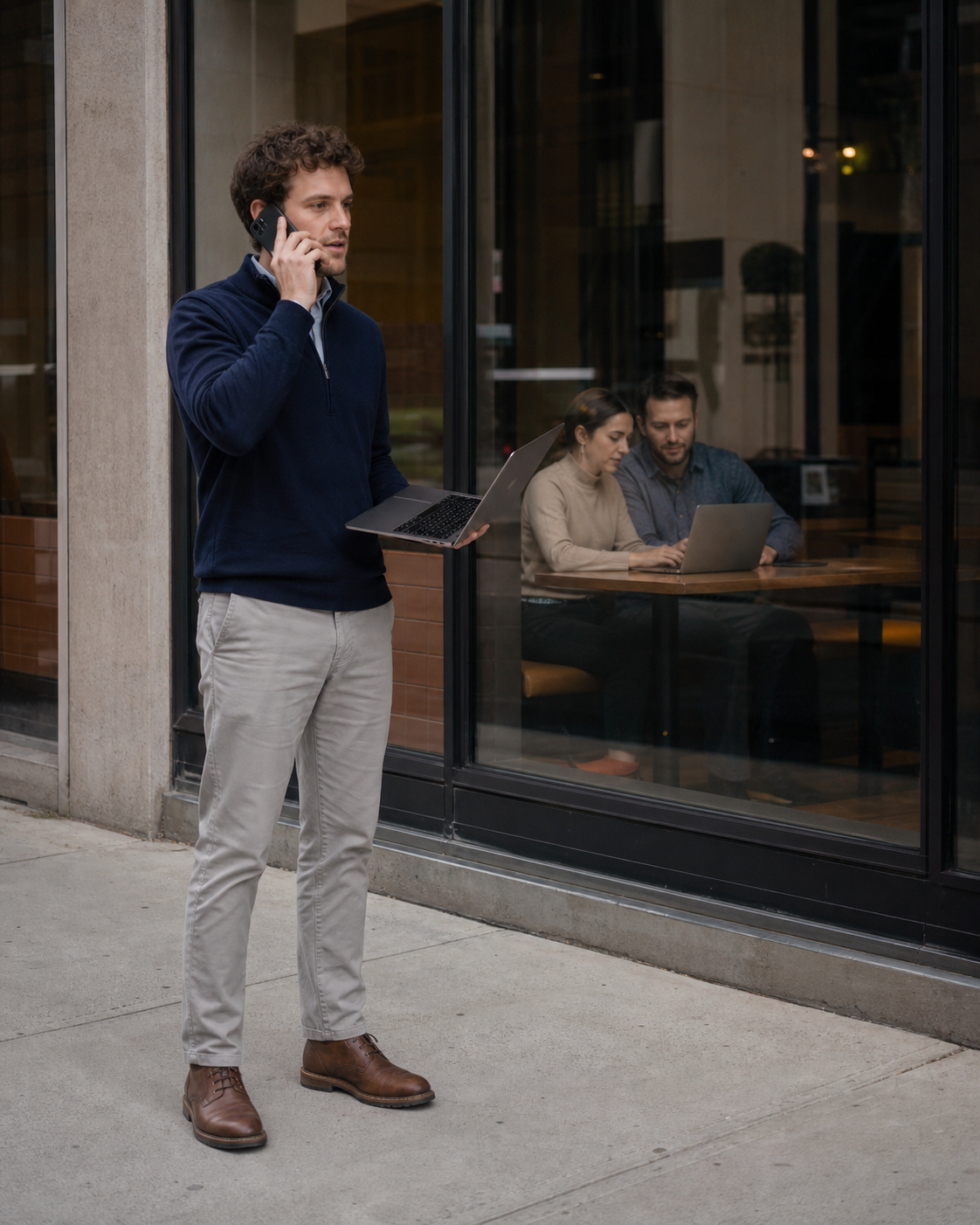 A worker holds a laptop and phone while standing on a sidewalk outside a Chipotle