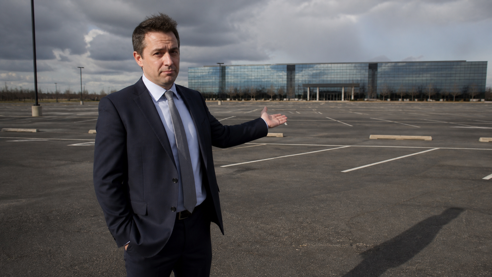 A CEO gestures at an empty parking lot as if presenting a building