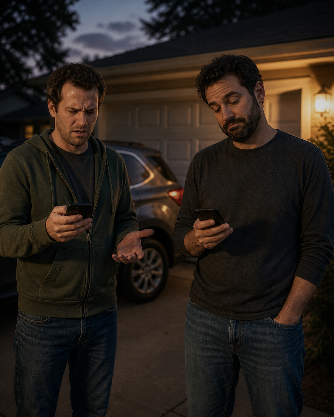 Two men stand in a driveway staring at their phones, one confused and one exasperated, warm porch light against a dim evening sky