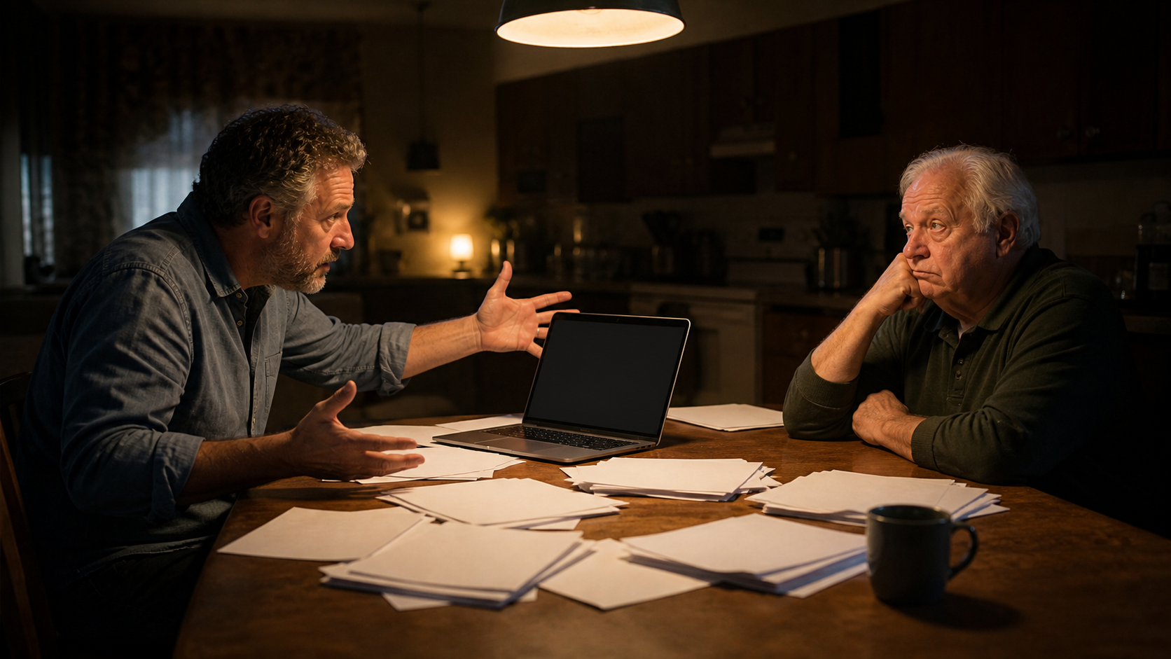 A man gestures at a laptop across a cluttered kitchen table while a bored relative sits opposite him, papers scattered between them, warm lamplight