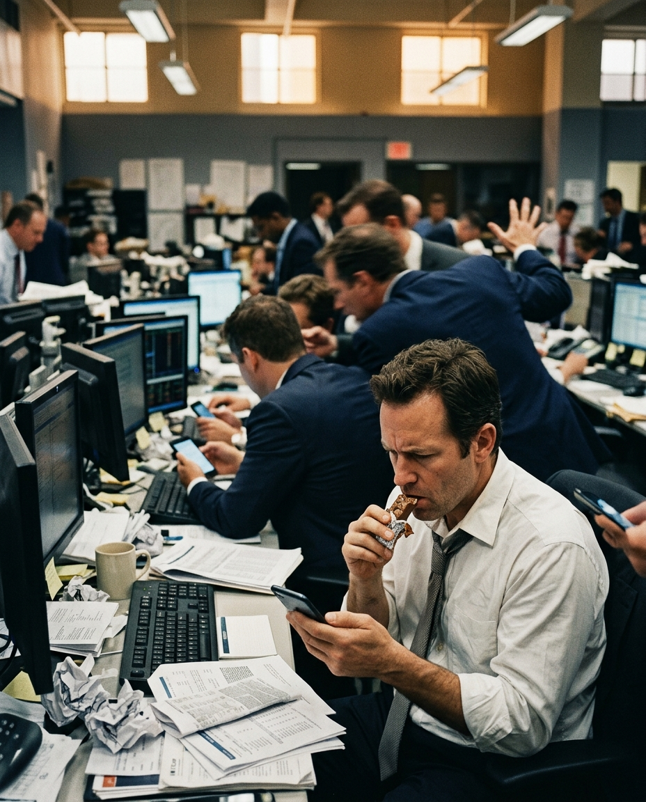 Traders on a floor reacting to phones and screens, one holding a half-eaten candy bar