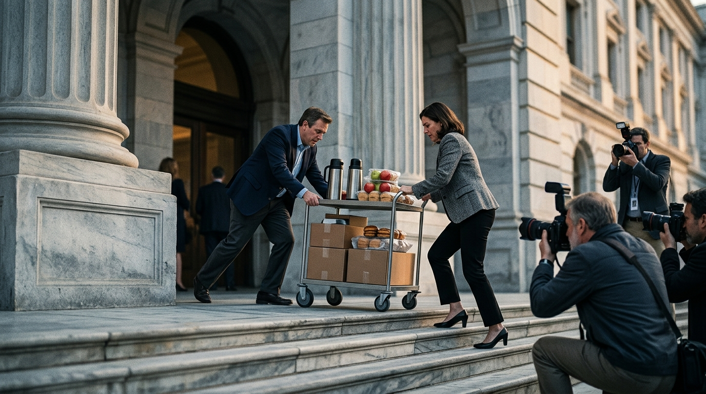 Aides wheeling a snack cart up the marble steps of the Federal Reserve building as photographers gather