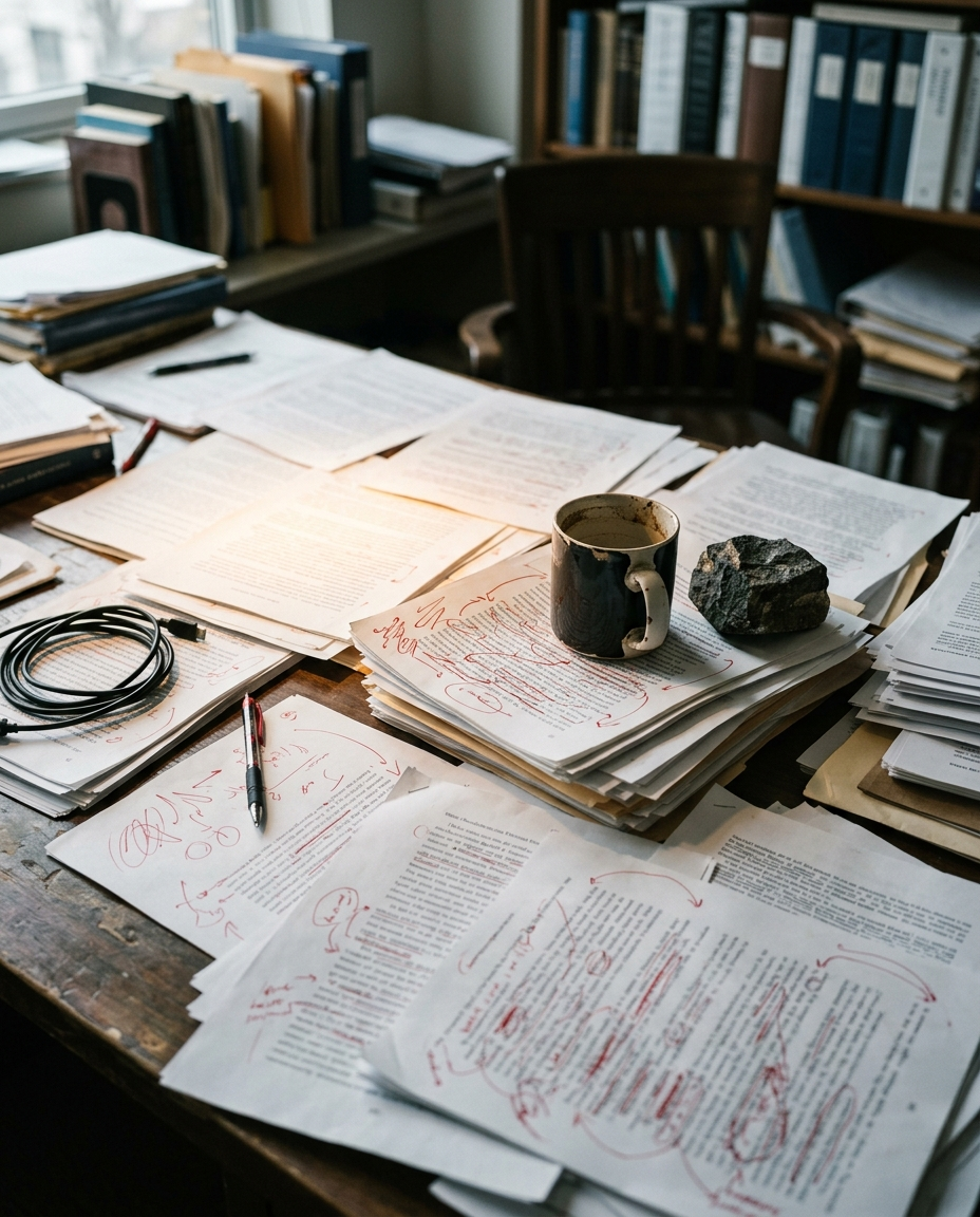 A cluttered university office desk covered in printed manuscript pages, red pen marks visible on the top sheet
