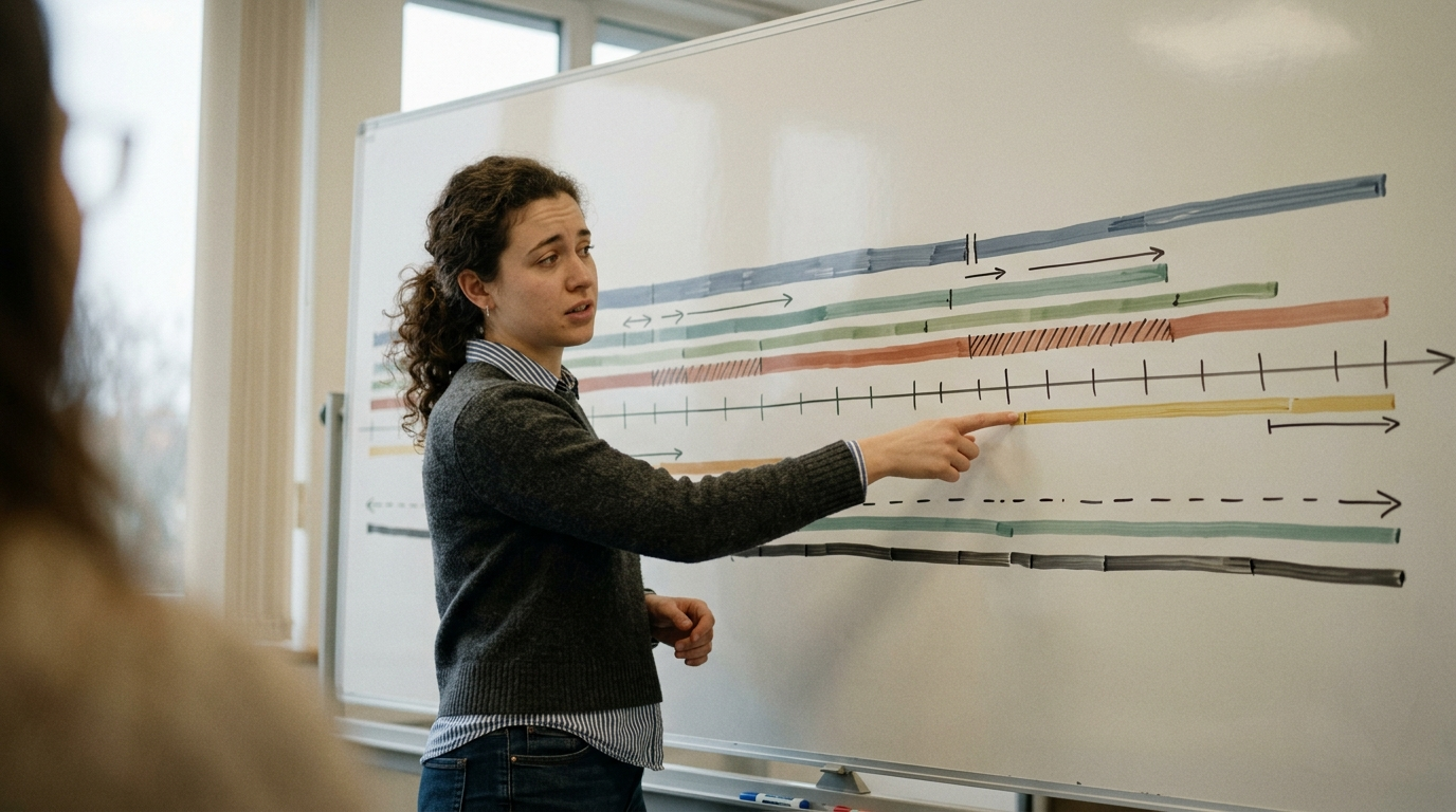 A whiteboard covered in a hand-drawn geologic timescale, with a tiny labeled sliver at the very top