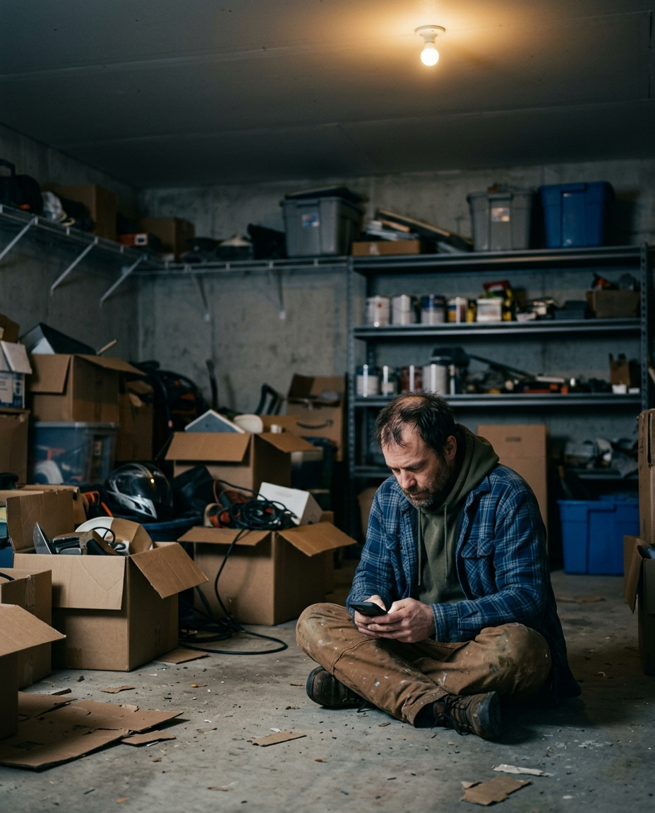 A showrunner sits on the floor of a cluttered garage among moving boxes, phone screen glowing with a trade headline