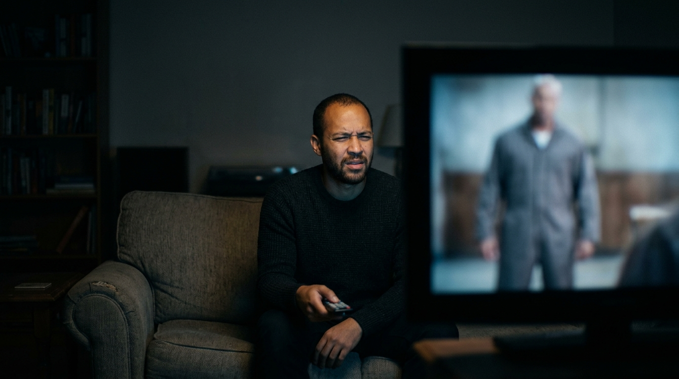 A viewer squints at a TV paused on a blurry background character, remote in hand, living room dim except for screen glow