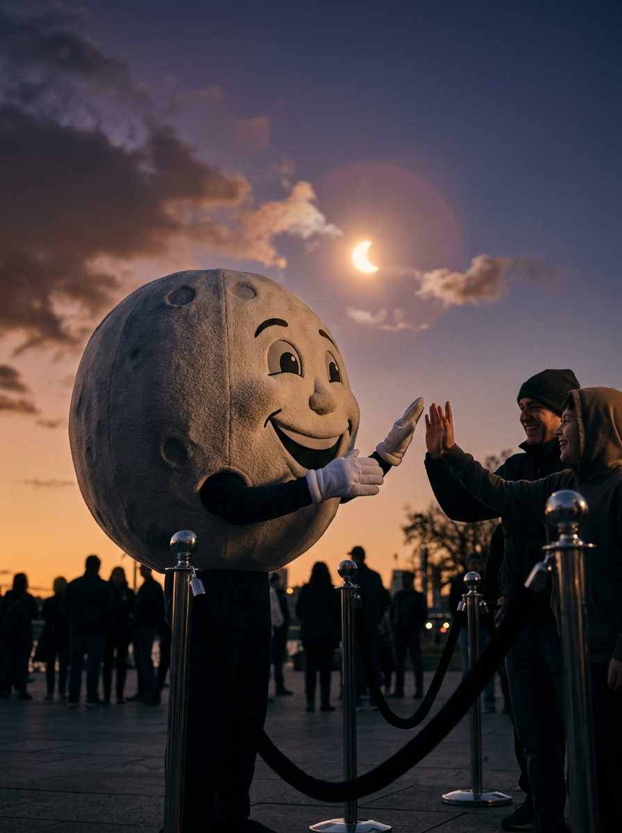 A costumed moon mascot poses with ticket holders behind a velvet rope under a partially eclipsed sky