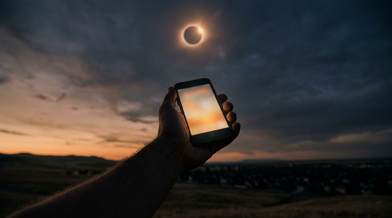A close-up of a phone screen adding an eclipse ticket to a digital shopping cart against a darkening sky