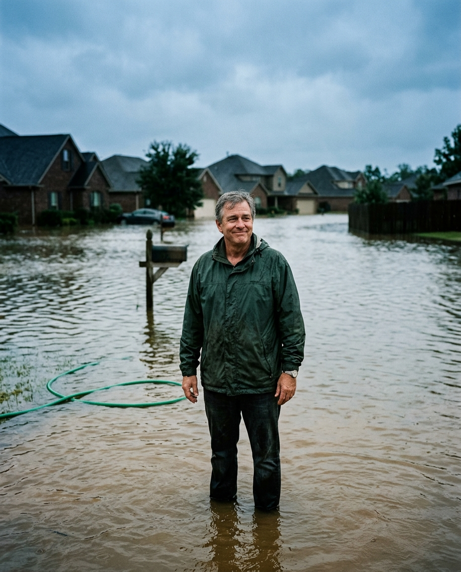 A homeowner stands calmly knee-deep in floodwater in his own driveway, a garden hose floating beside him, the flooded street stretching behind him