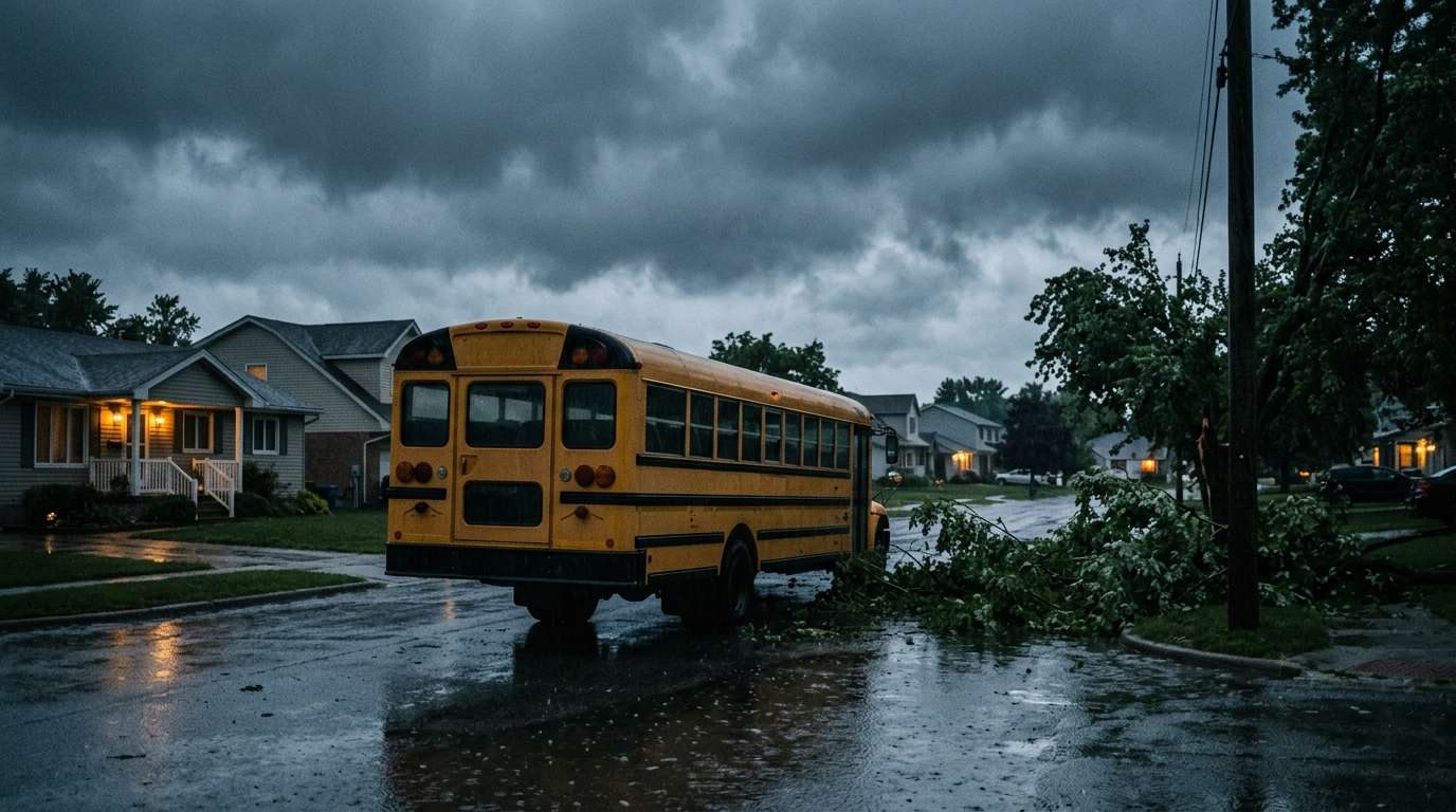 A stormy suburban street at dusk, a school bus stranded beside downed tree branches and standing water, porch lights glowing in the distance