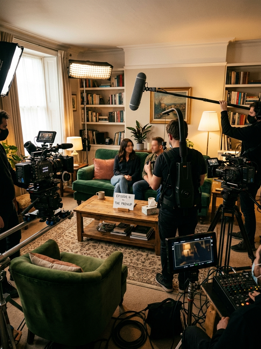A therapist's office set up with three professional cameras and a boom microphone, a small placard on the coffee table reading "EPISODE 4: THE PRENUP"