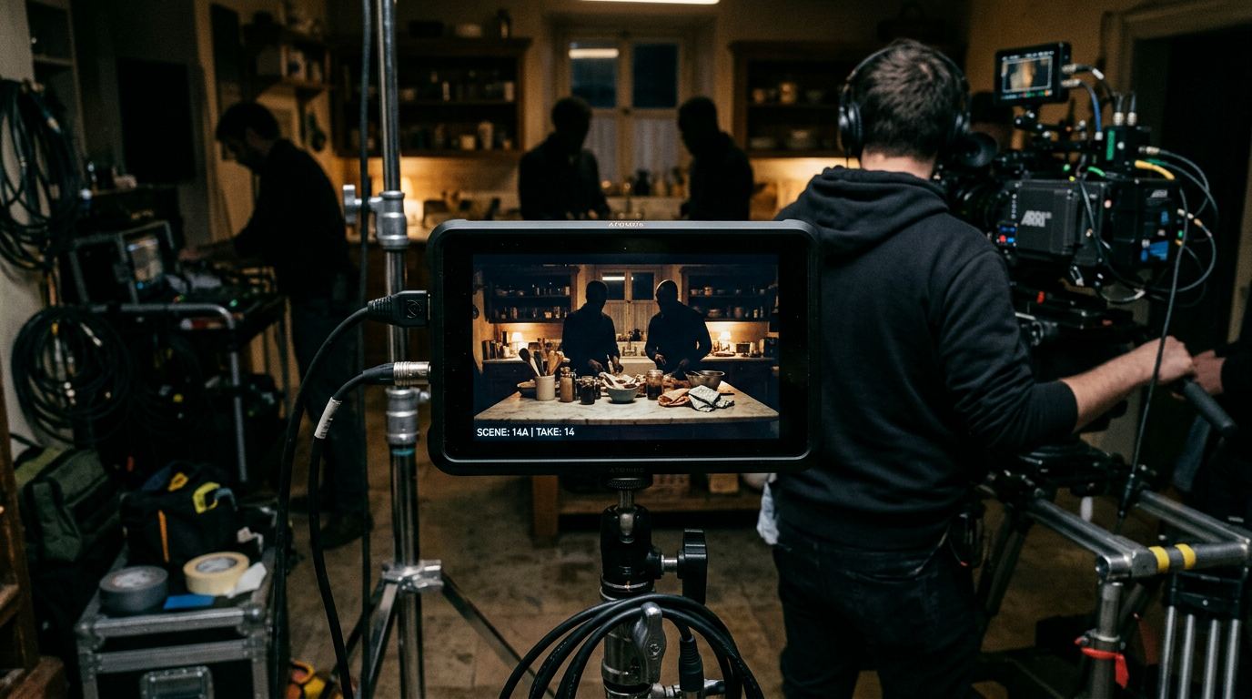 A film crew's monitor displaying a scene of two people silently dividing kitchen items on a marble countertop, labeled "TAKE 14"
