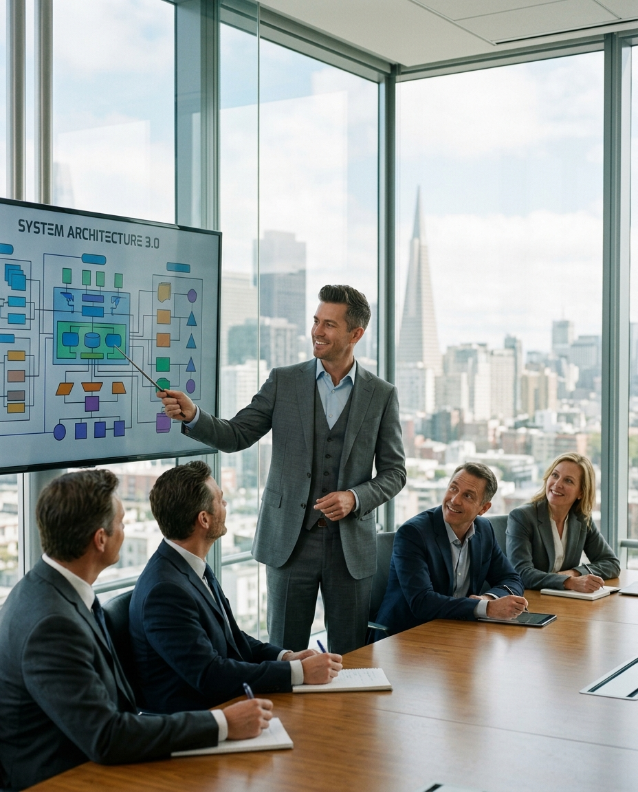 A confident CEO in a glass boardroom presents the documentation's architectural diagram slide to a row of impressed-looking investors