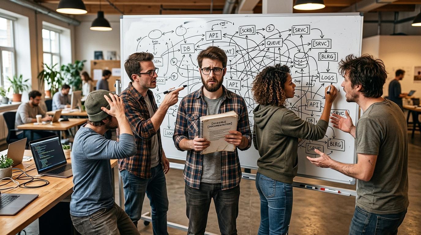 A software engineering team stands around a whiteboard trying to sketch out the architecture of the software system described in the documentation, their diagrams growing increasingly complicated