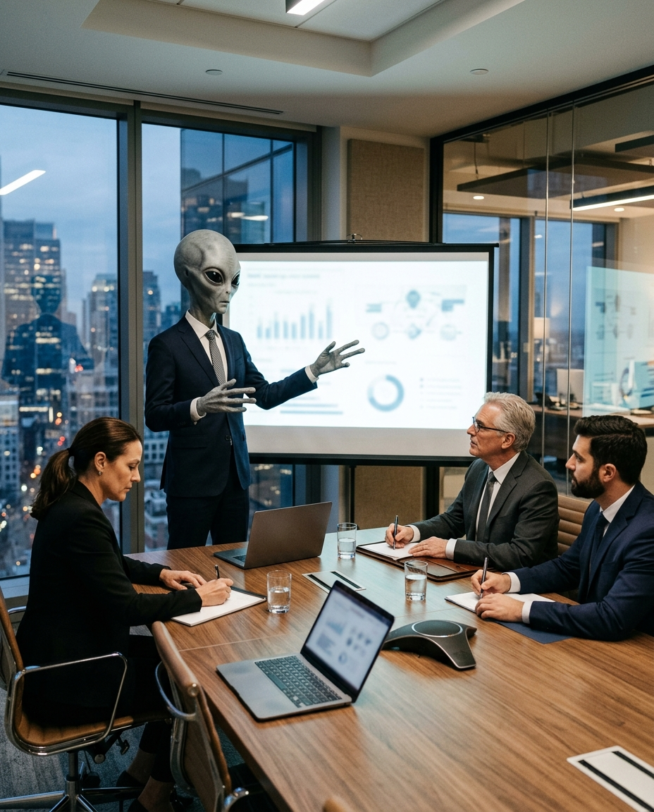 An alien in a suit at a conference table gestures toward a projected screen labeled EXHIBIT A while human lawyers take notes, sleek law office, cinematic.