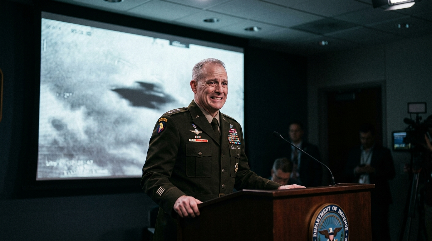 Pentagon press briefing room — a visibly uncomfortable military spokesperson stands at a podium, grainy UFO footage on the screen behind them, tight strained smile, cinematic news photo.