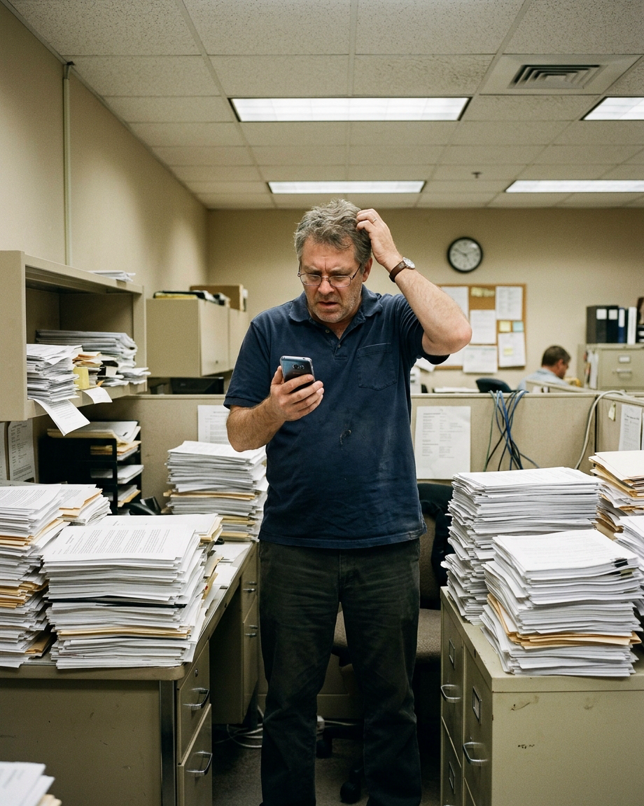 A confused middle-aged man in a polo shirt staring at a phone showing 340 completed tasks, surrounded by stacks of printed documents