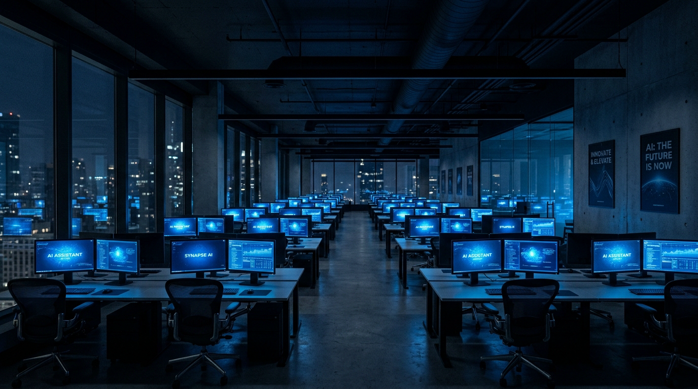 A dark corporate office at 3am, blue AI interface glowing on every monitor, motivational posters on the walls, no humans present, cinematic editorial photography