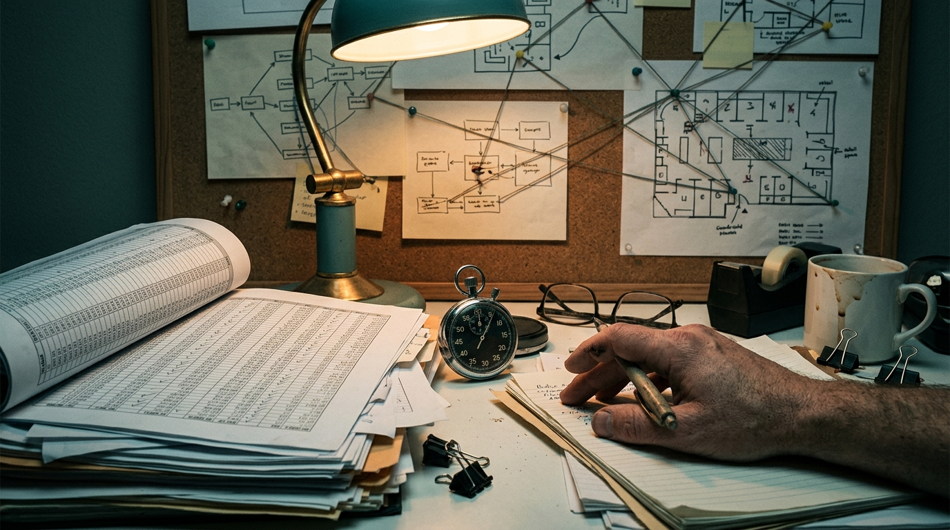 A cluttered home office desk covered with printed spreadsheets, a stopwatch, and a corkboard of grocery store lane diagrams