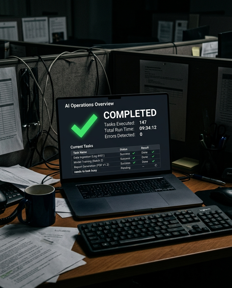 Tolliver's AI dashboard showing 847 tasks completed, 0 errors, and one open item labeled "Greg needs to look busy"