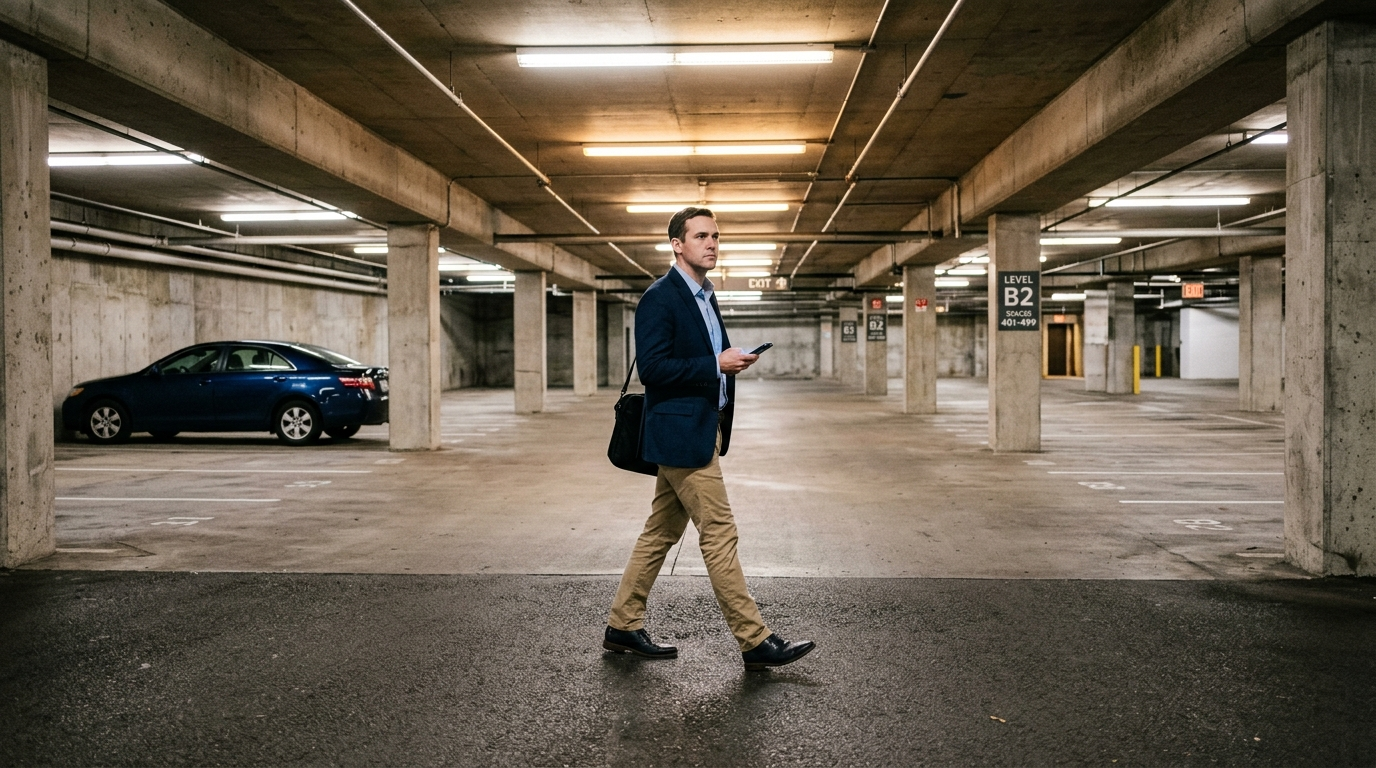 Tolliver on a professional walk past the parking garage, having just received a Slack notification that his AI wanted him to know it finished early