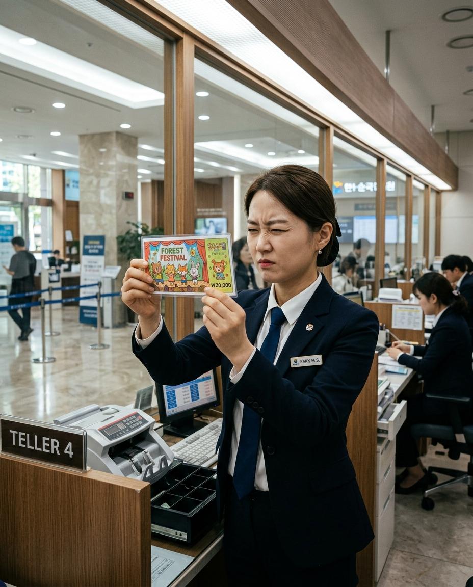 A bank teller in formal attire holding a colorful cartoon animal bill up to the light with a deeply puzzled expression