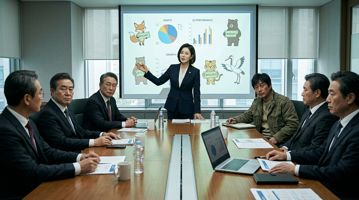 A confident bank manager in a suit presenting to stone-faced executives, a projected slide behind him showing charts and cute cartoon animal currency graphics