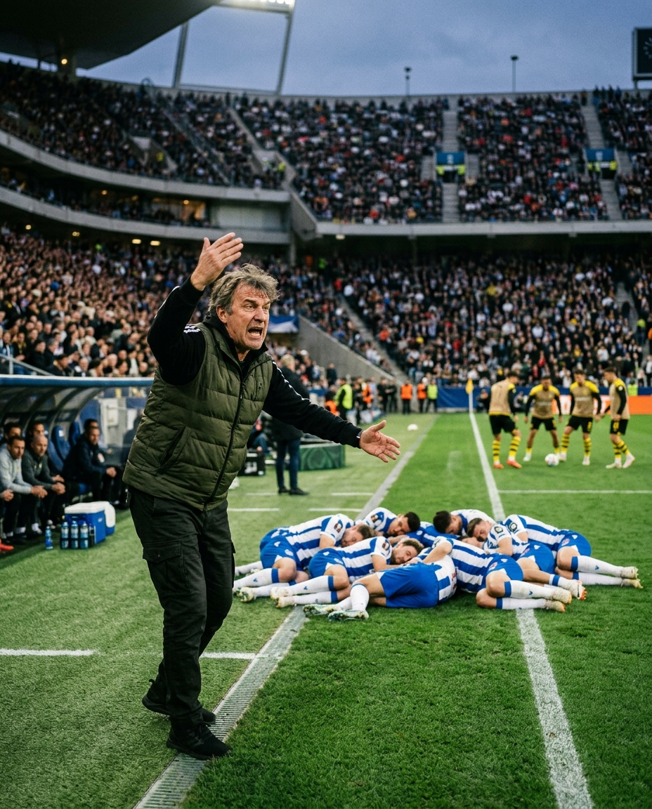A head coach standing at the sideline gesturing frantically at 11 players asleep in a circle on the pitch while an opposing team quietly practices set pieces nearby