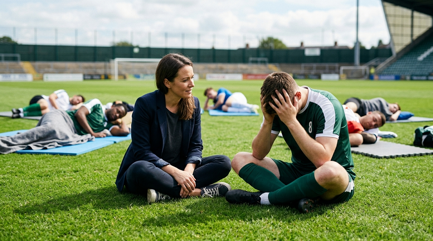A sports counselor in a blazer sitting cross-legged on the pitch grass next to a player in full football kit who has his head in his hands, surrounded by other players sleeping on foam mats in the background