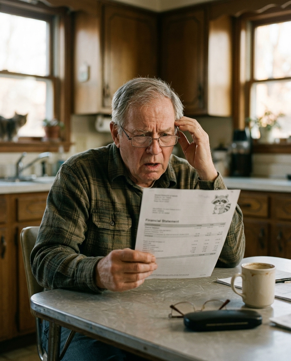 A retiree at a kitchen table stares at a brokerage statement bearing a cartoon raccoon logo