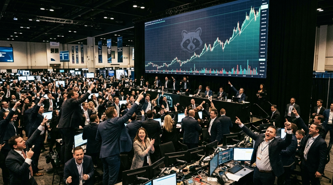 Traders on a finance conference floor cheer beneath a jumbotron showing a soaring raccoon-coin price chart