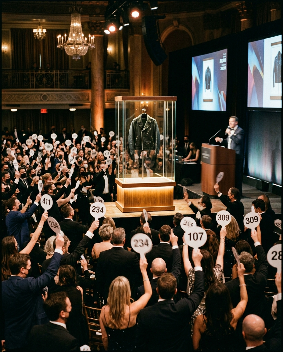 A packed auction house, multiple bidders raising numbered paddles, a single black leather jacket displayed in a glass case on the podium under dramatic lighting