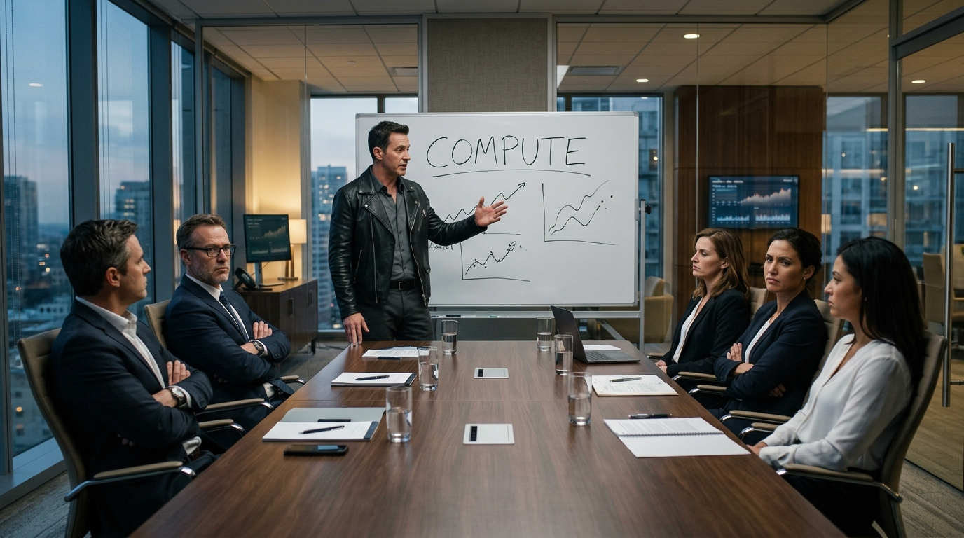 A man in a black leather jacket presents at a boardroom whiteboard, surrounded by skeptical executives, wavy graphs visible behind him reading only the word COMPUTE in large letters