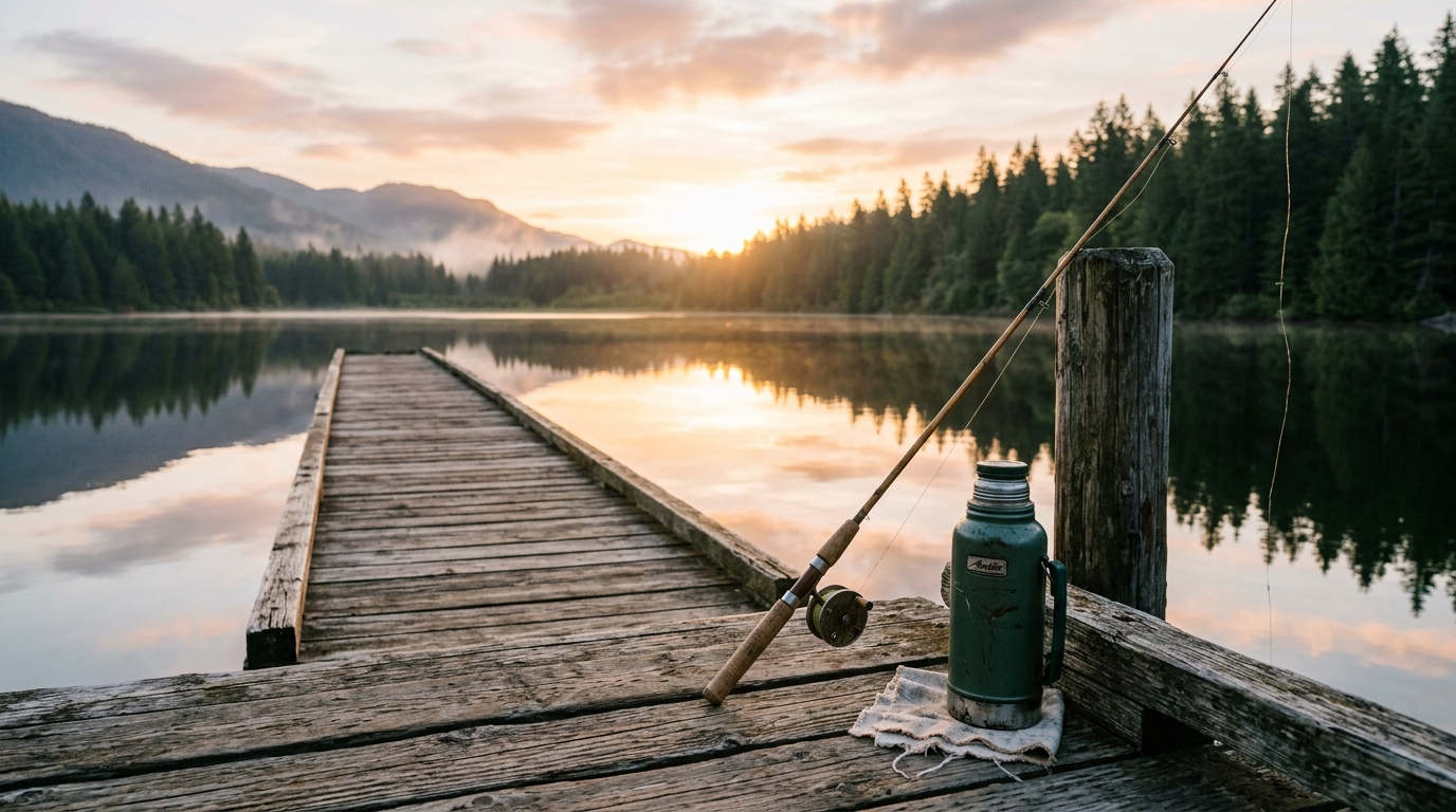 A rustic dock at sunrise with a fishing rod and a thermos, calm and unhurried, no technology visible