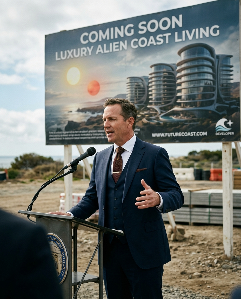 A real estate developer at a podium in front of a "Coming Soon" sign showing an artist's rendering of exoplanet beachfront condos