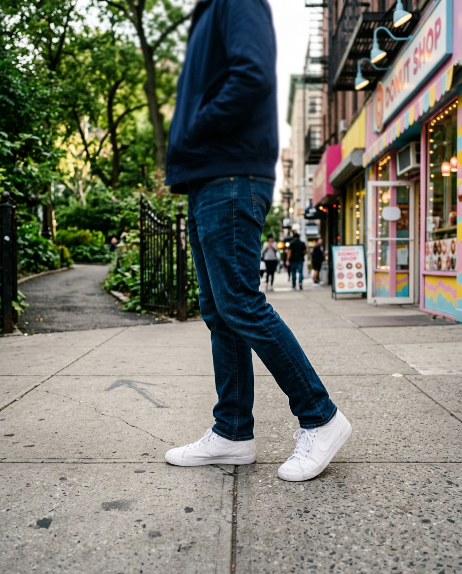 A man's sneakers at a fork in a city sidewalk, one path leading toward a donut shop, feet turned decisively toward the other path