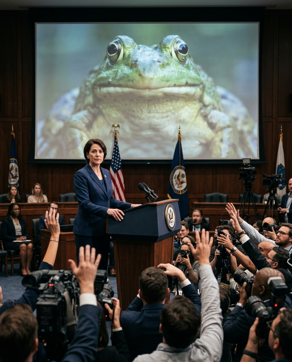 A composed NIH spokesperson in a business suit stands at a press podium while a large projected image of a bullfrog fills the screen behind her, as reporters with raised hands fill the foreground