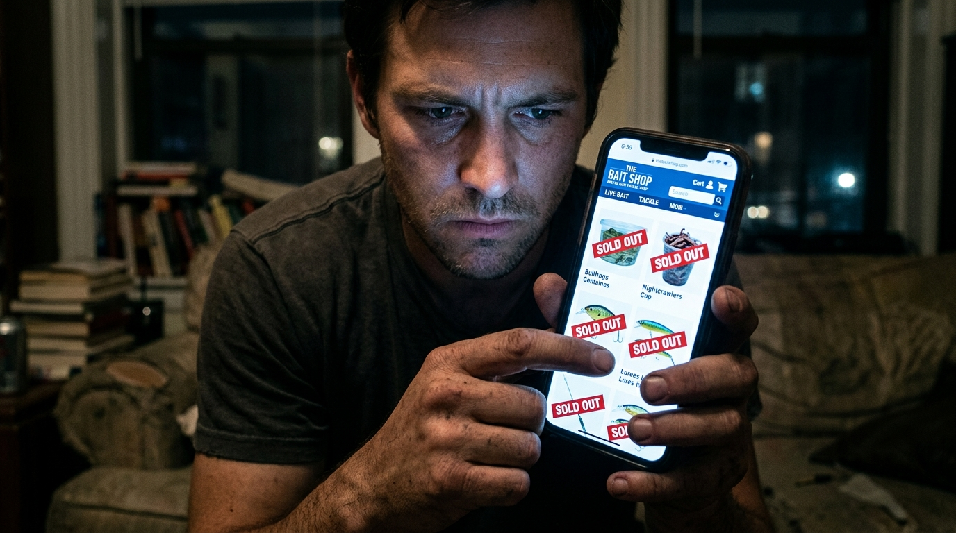 Close-up of a hand holding a smartphone showing an online bait shop website with live bullfrog listings, every one displaying a red SOLD OUT banner, the screen's glow illuminating the buyer's expression of determined optimism
