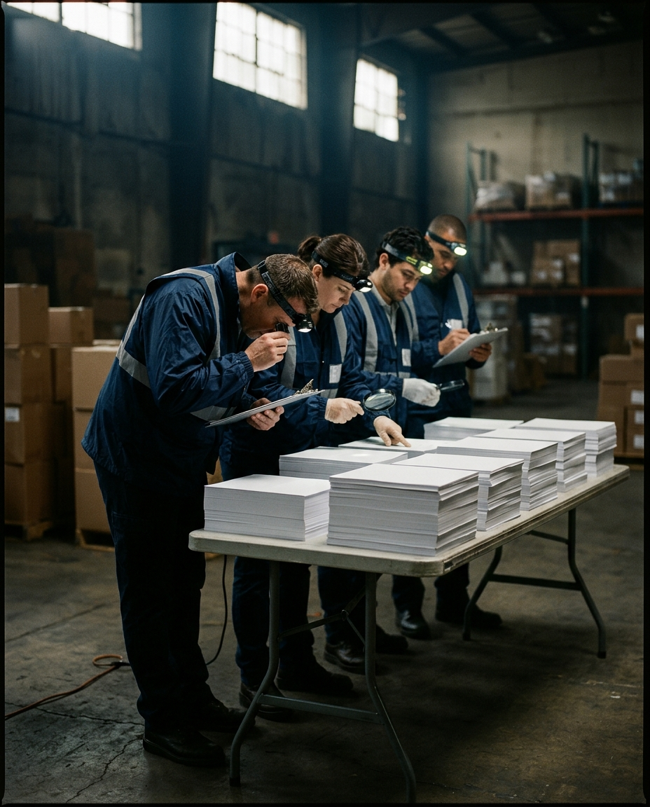 Forensic auditors in windbreakers examine a stack of blank, unprinted ballot paper under headlamps in a warehouse