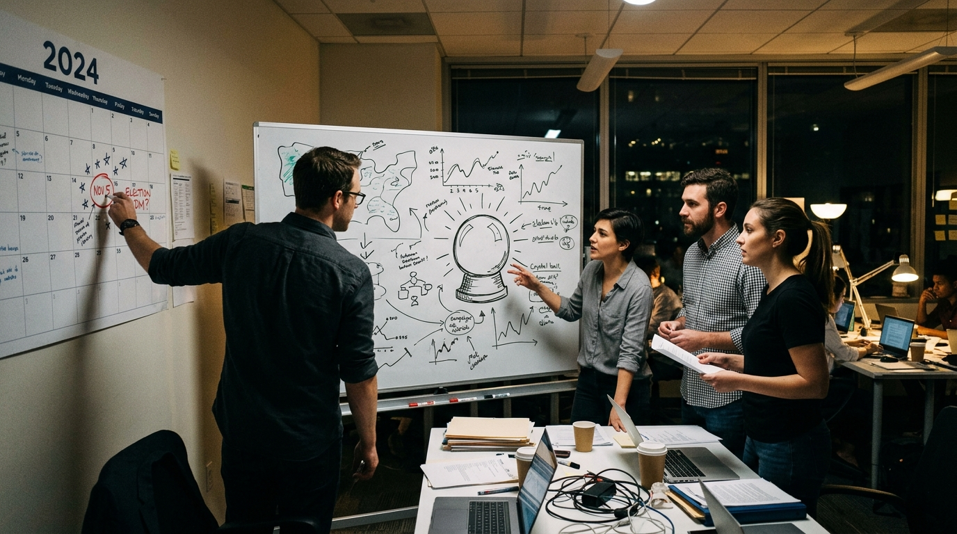 Campaign staffers stand around a war-room whiteboard covered in squiggly graphs and a large hand-drawn crystal ball, pointing at a wall calendar with November circled