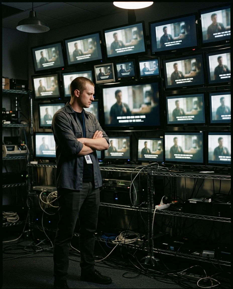 Wall of laptop screens in a testing lab all displaying the same paused subtitle reading he opens the app again, a technician frowning at the center monitor