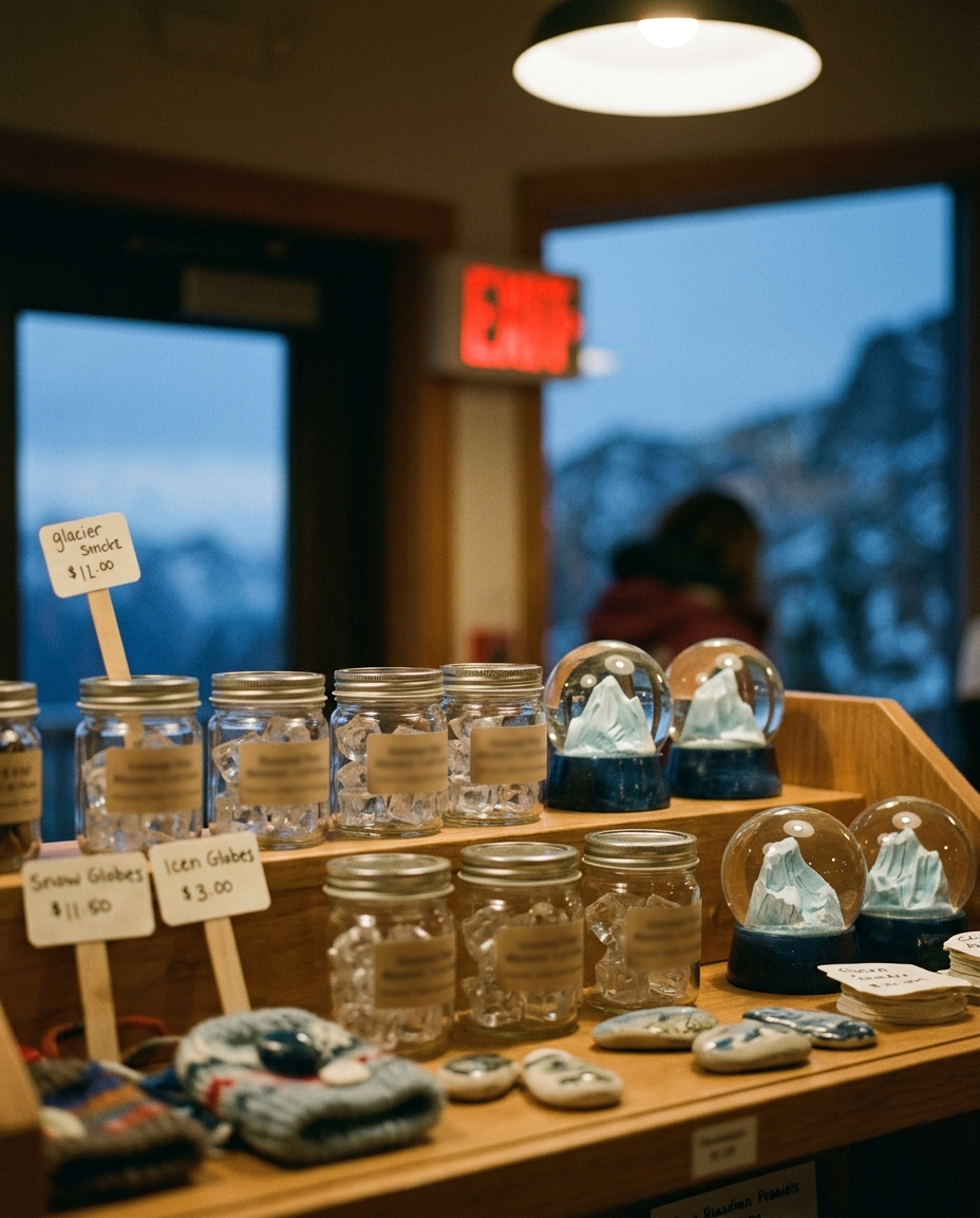A gift shop display case filled with small labeled ice cubes and glacier-shaped snow globes near an exit sign