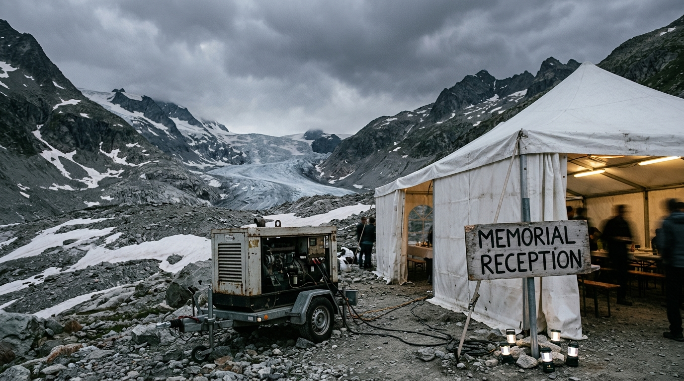 A diesel generator and catering tent set up near melting ice with a small sign reading MEMORIAL RECEPTION