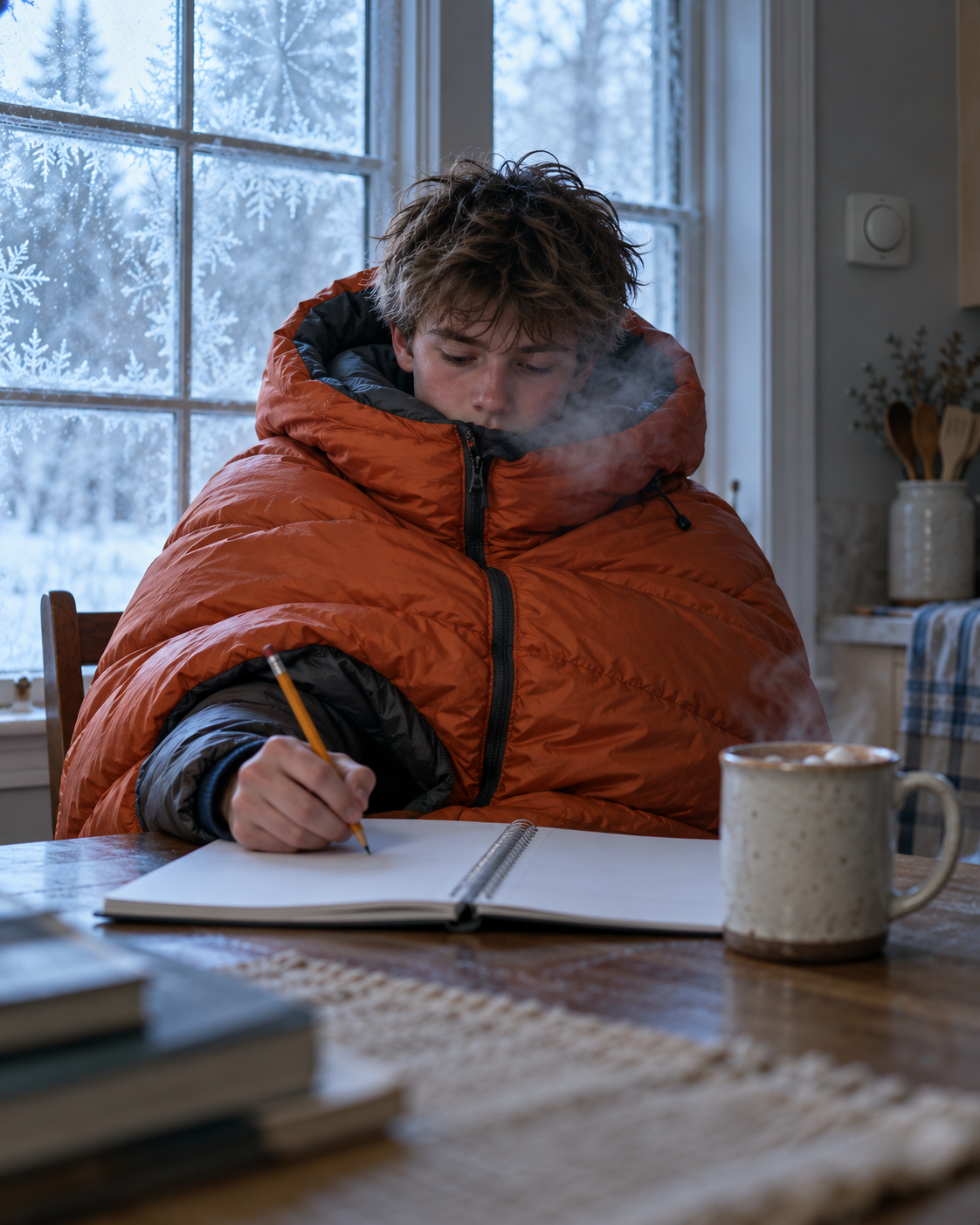 A teenage boy zipped into a heavy sleeping bag does homework at a kitchen table, his breath visible in the cold air