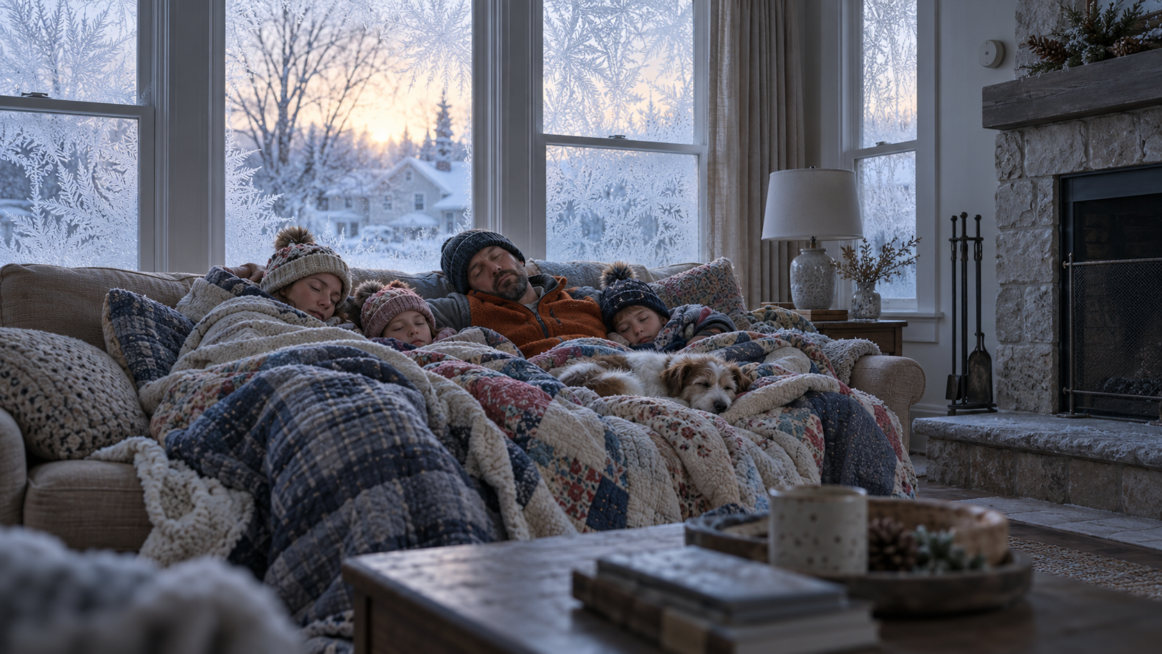 A frost-covered suburban living room at dawn where a family sleeps bundled together under a pile of blankets near a cold fireplace